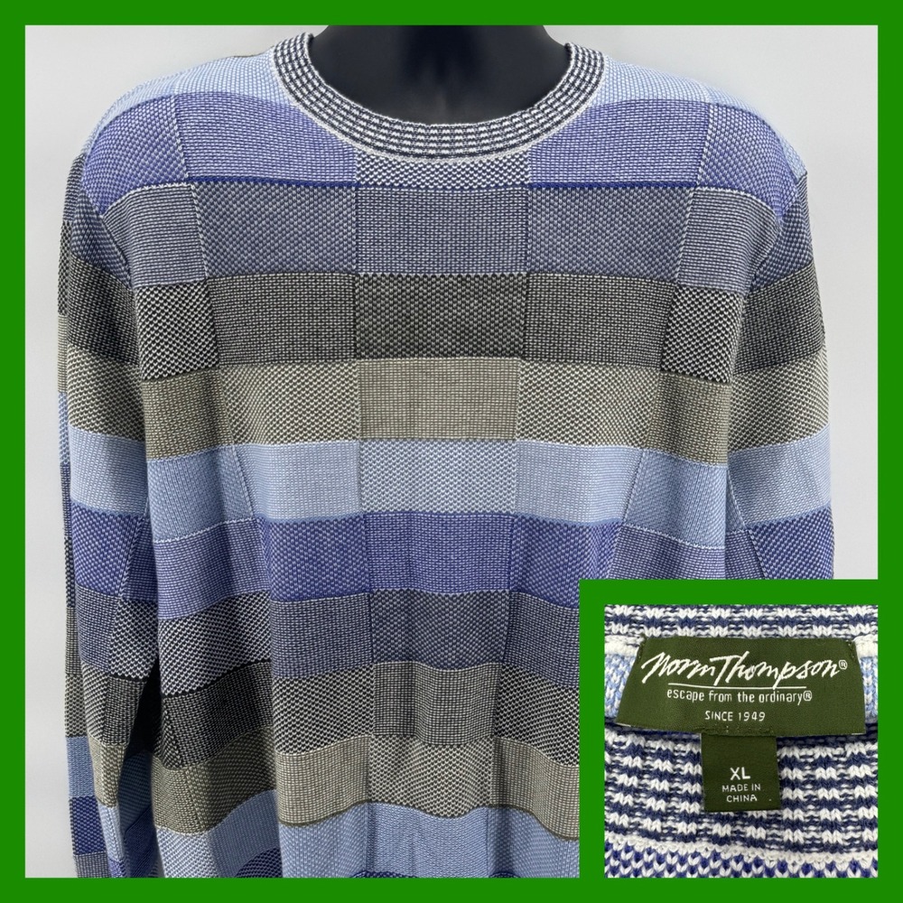 Norm Thompson Mens XL Blue Patterned Knit Crew Neck Long Sleeve Sweater